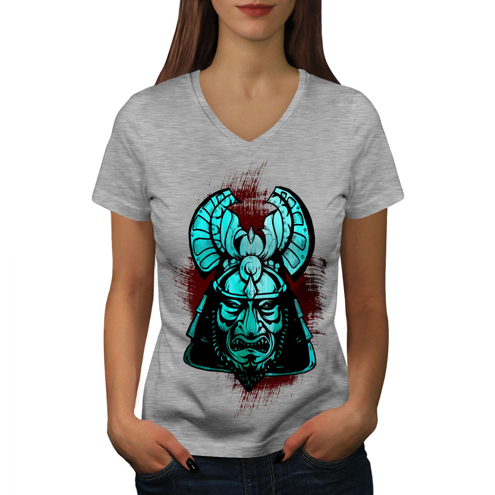 Wellcoda Fantasy Katana Warrior Womens V-Neck T-shirt