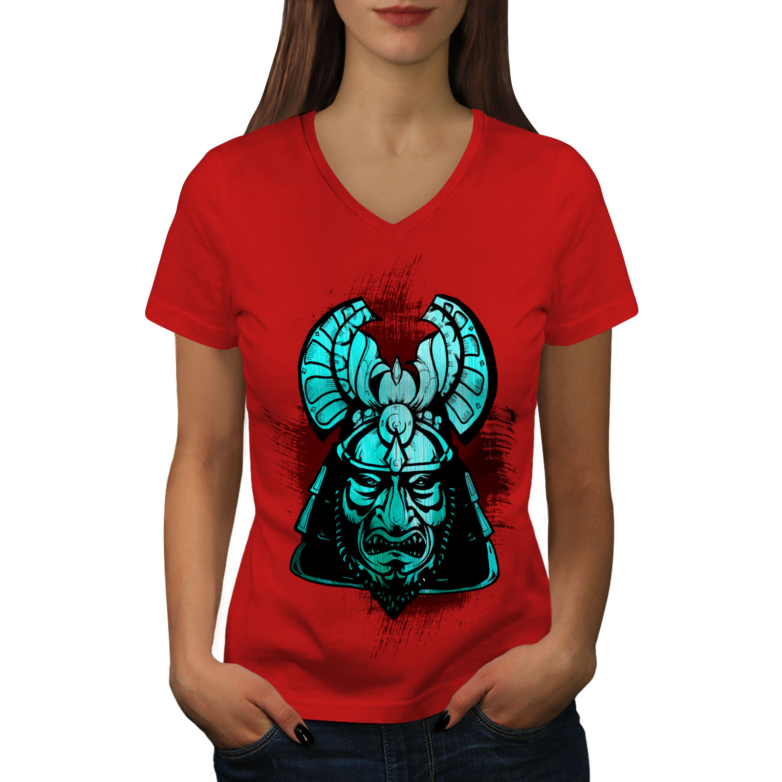 Wellcoda Fantasy Katana Warrior Womens V-Neck T-shirt