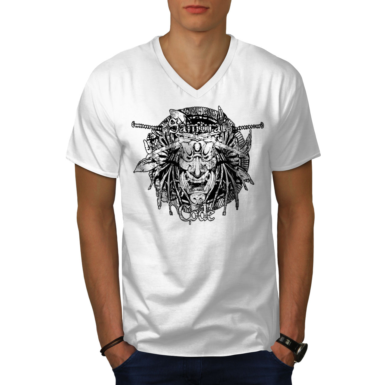 Wellcoda Mask Warrior Art Fantasy Mask Mens V-Neck T-shirt