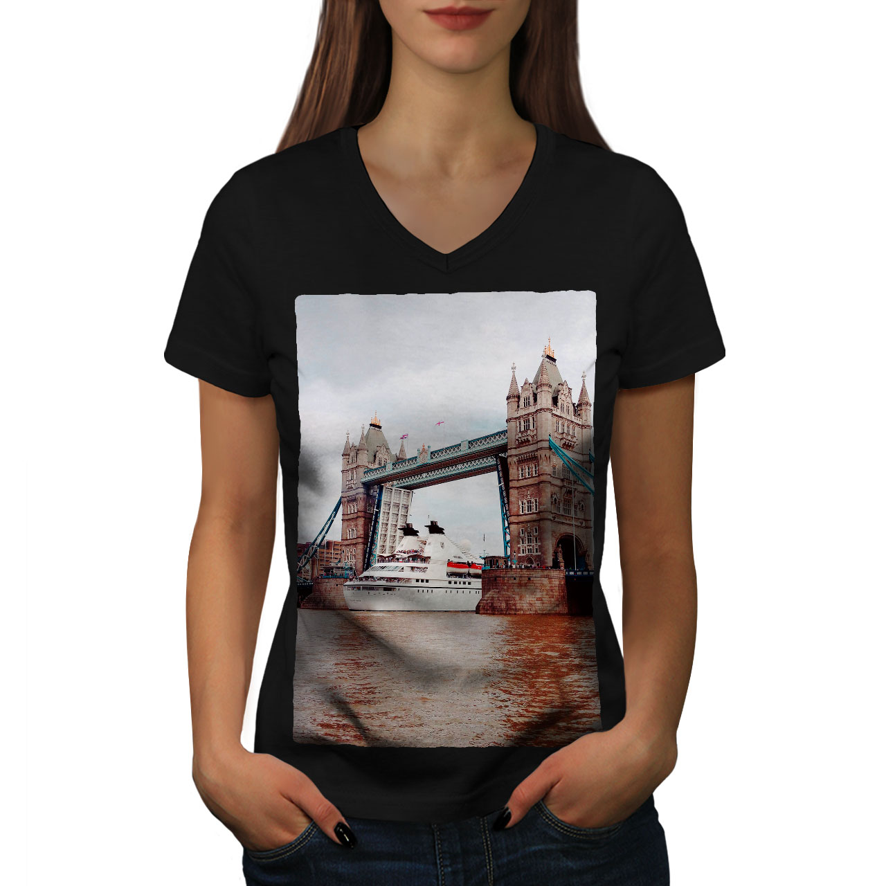 Wellcoda Golden Bridge Fashion River Womens V-Neck T-shirt