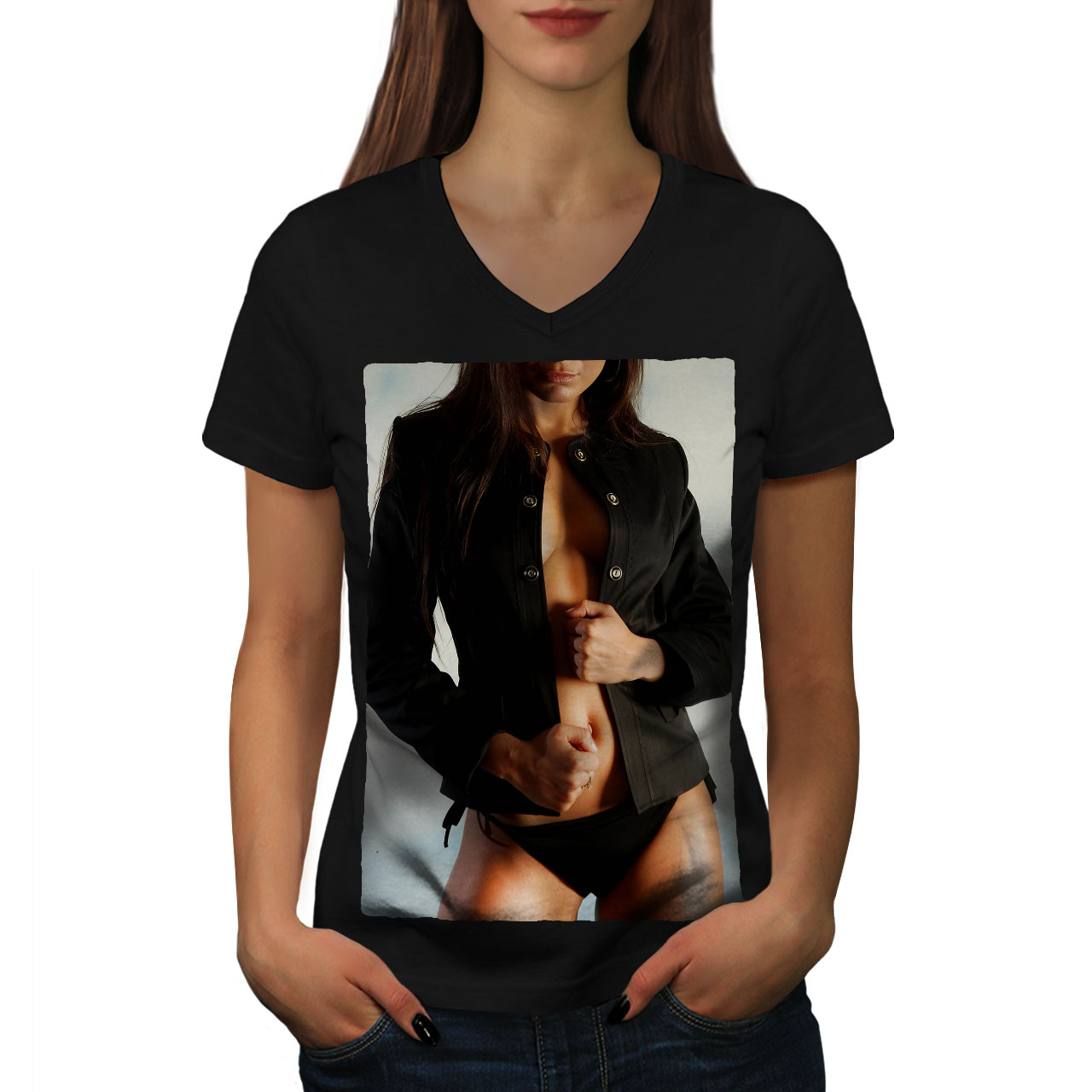 Wellcoda Naked Erotic Girl Seduction Womens V-Neck T-shirt