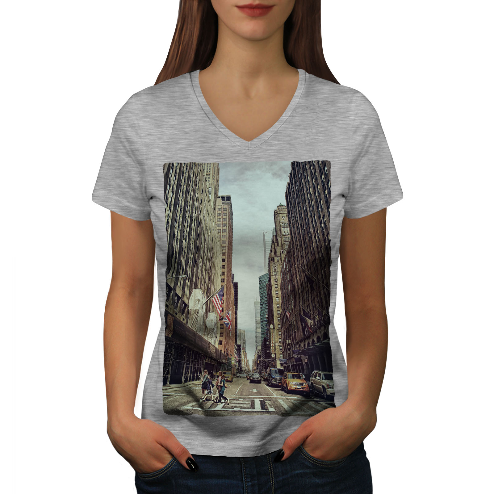 Wellcoda America Street Fashion City Womens V-Neck T-shirt