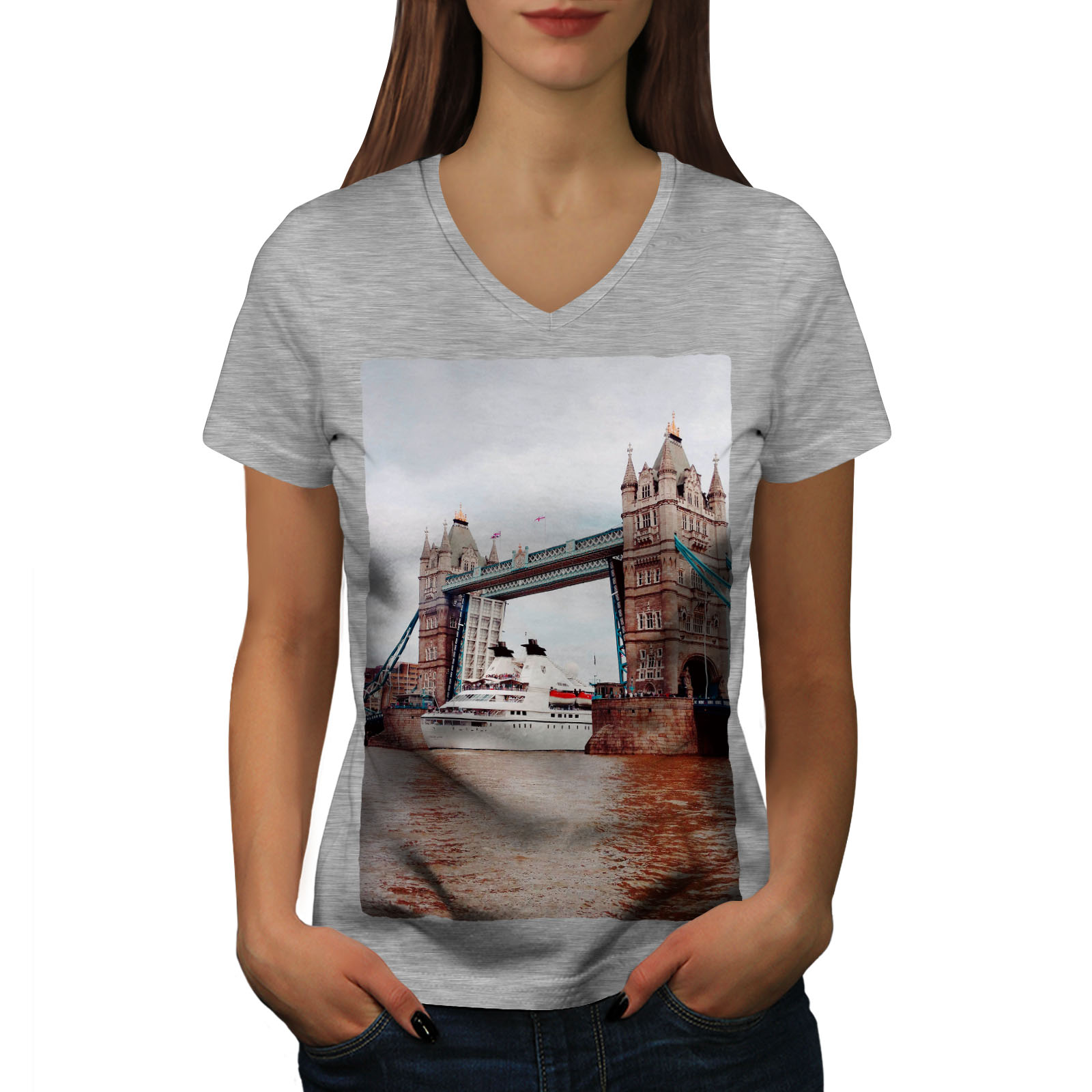 Wellcoda Golden Bridge Fashion River Womens V-Neck T-shirt