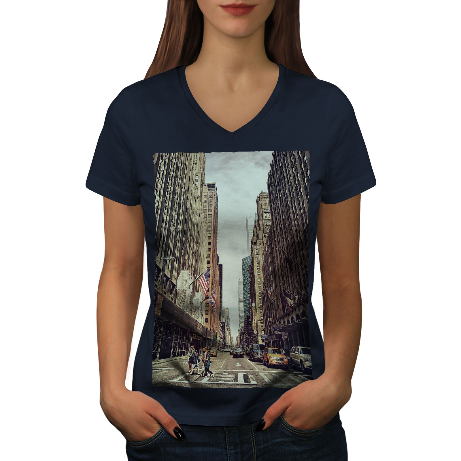 Wellcoda America Street Fashion City Womens V-Neck T-shirt