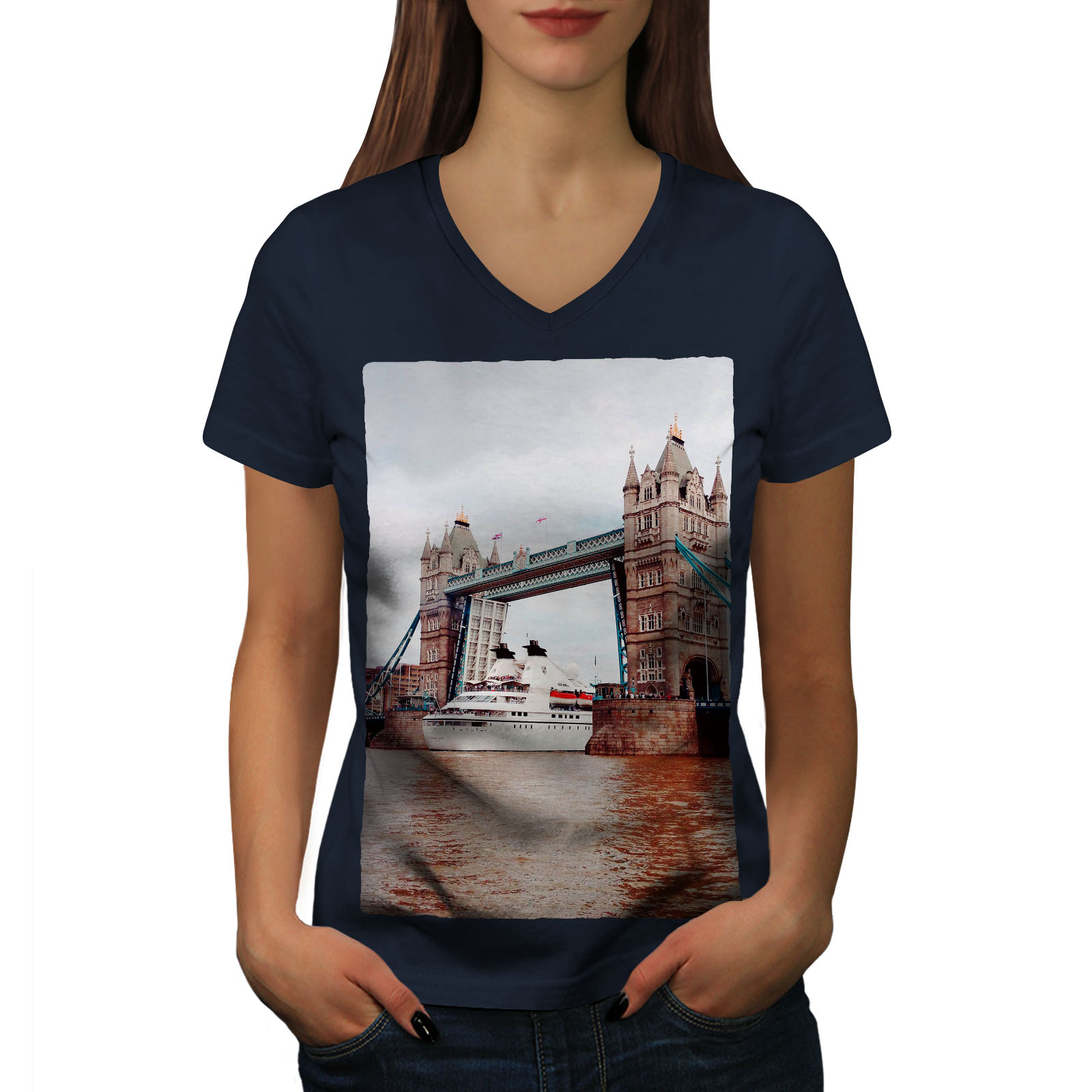 Wellcoda Golden Bridge Fashion River Womens V-Neck T-shirt