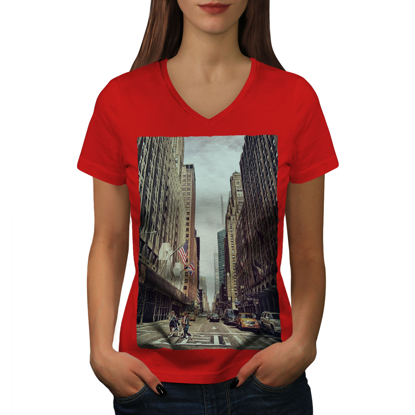 Wellcoda America Street Fashion City Womens V-Neck T-shirt