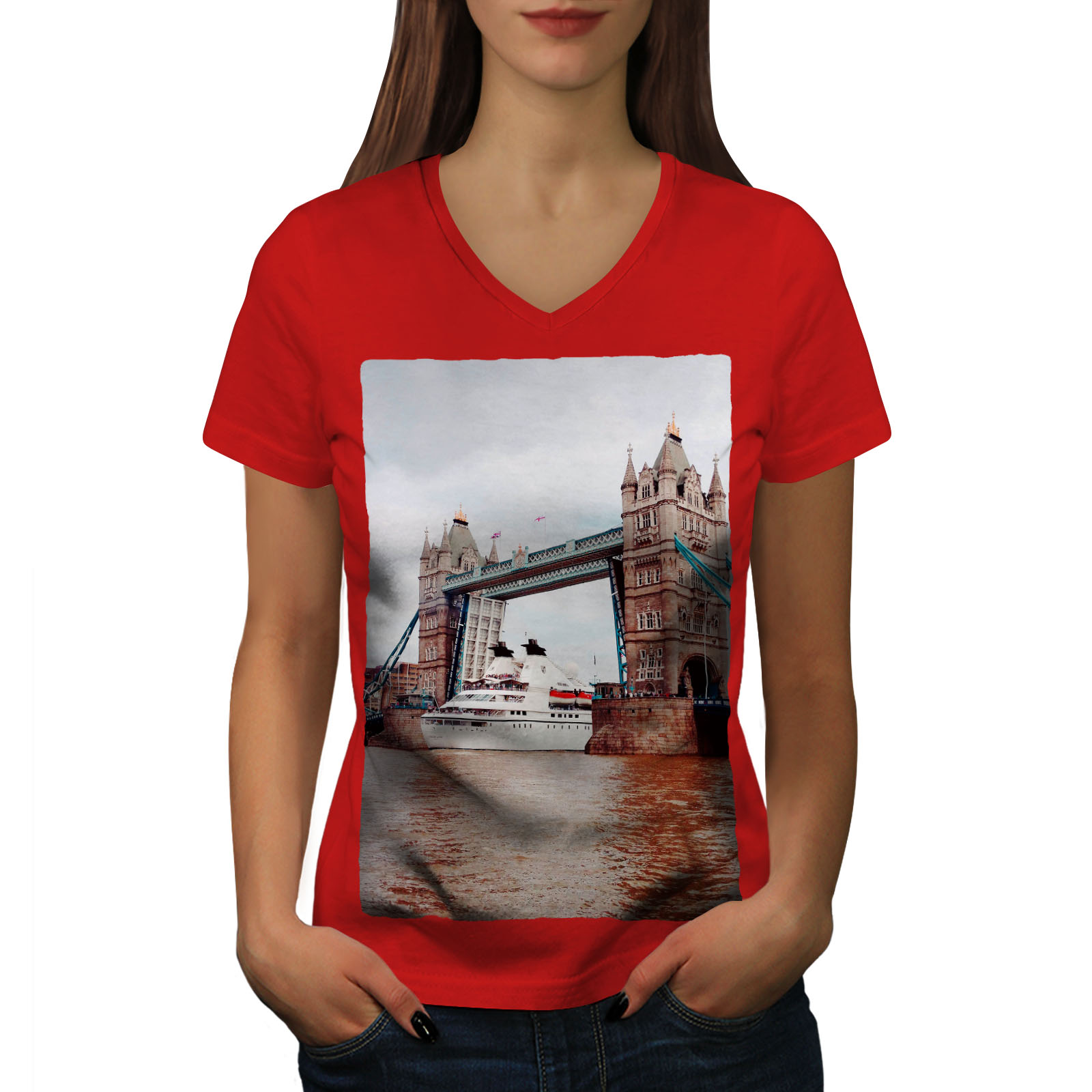 Wellcoda Golden Bridge Fashion River Womens V-Neck T-shirt