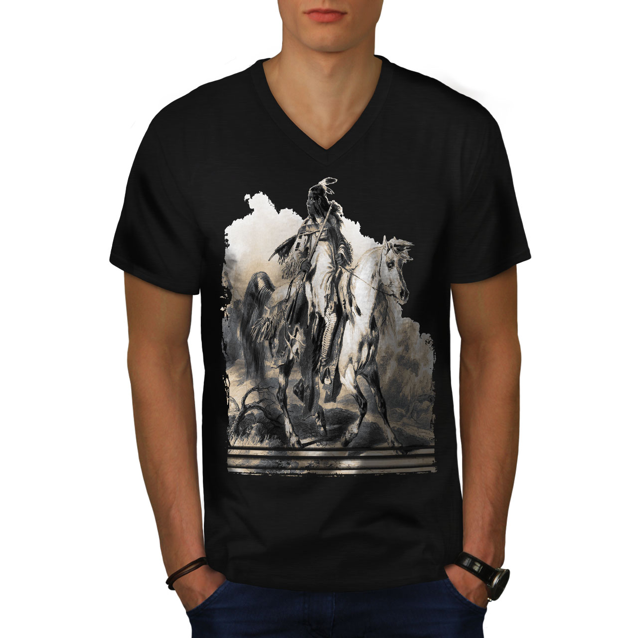 Wellcoda Native American Ride Warrior Mens V-Neck T-shirt