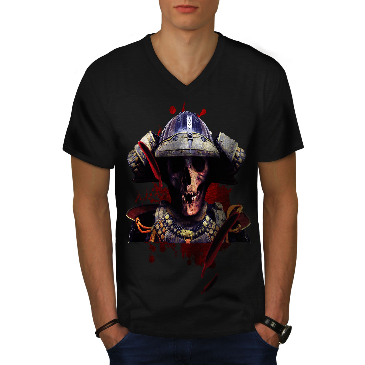 Wellcoda Old Skull Warrior Skull Mens V-Neck T-shirt