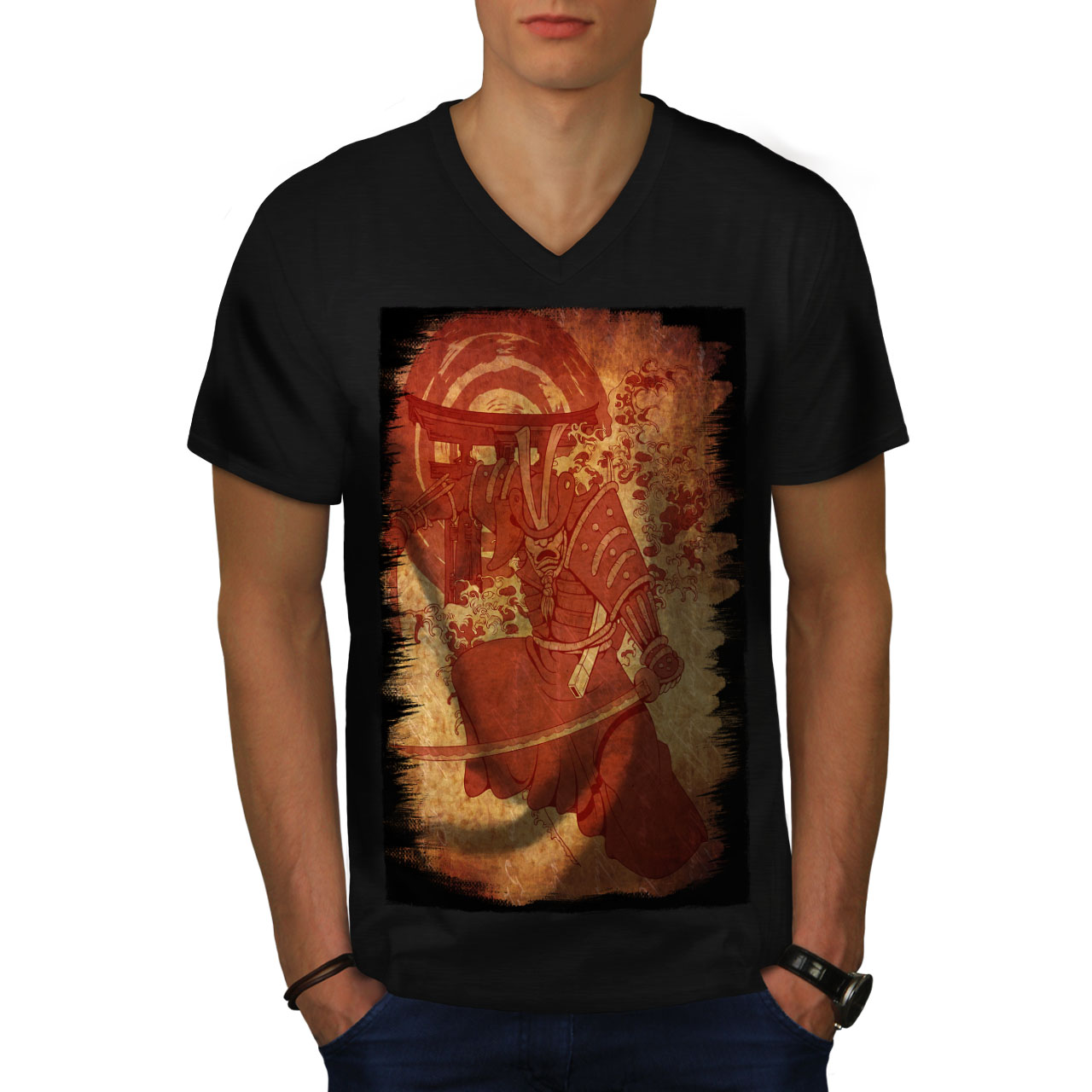 Wellcoda Vintage Warrior Fantasy Red Mens V-Neck T-shirt