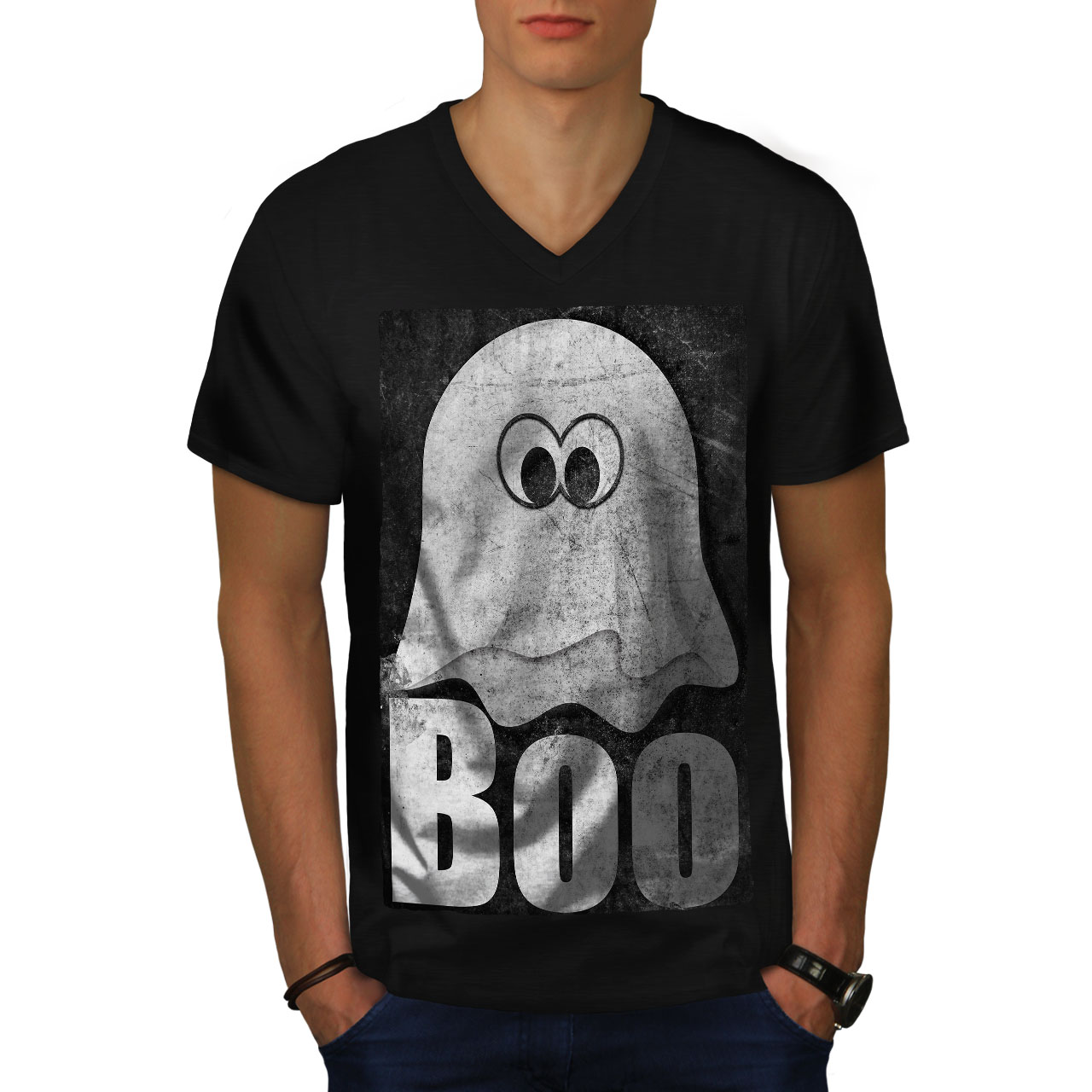 Wellcoda Ghost Cartoon Cute Comedy Mens V-Neck T-shirt