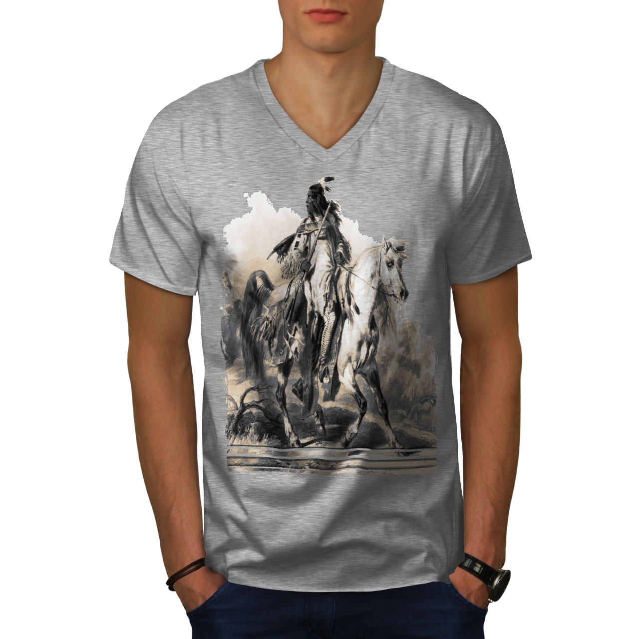 Wellcoda Native American Ride Warrior Mens V-Neck T-shirt