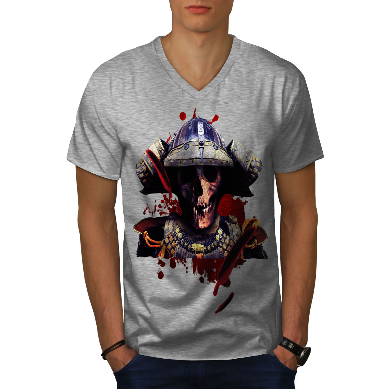 Wellcoda Old Skull Warrior Skull Mens V-Neck T-shirt