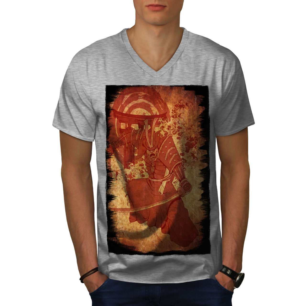 Wellcoda Vintage Warrior Fantasy Red Mens V-Neck T-shirt