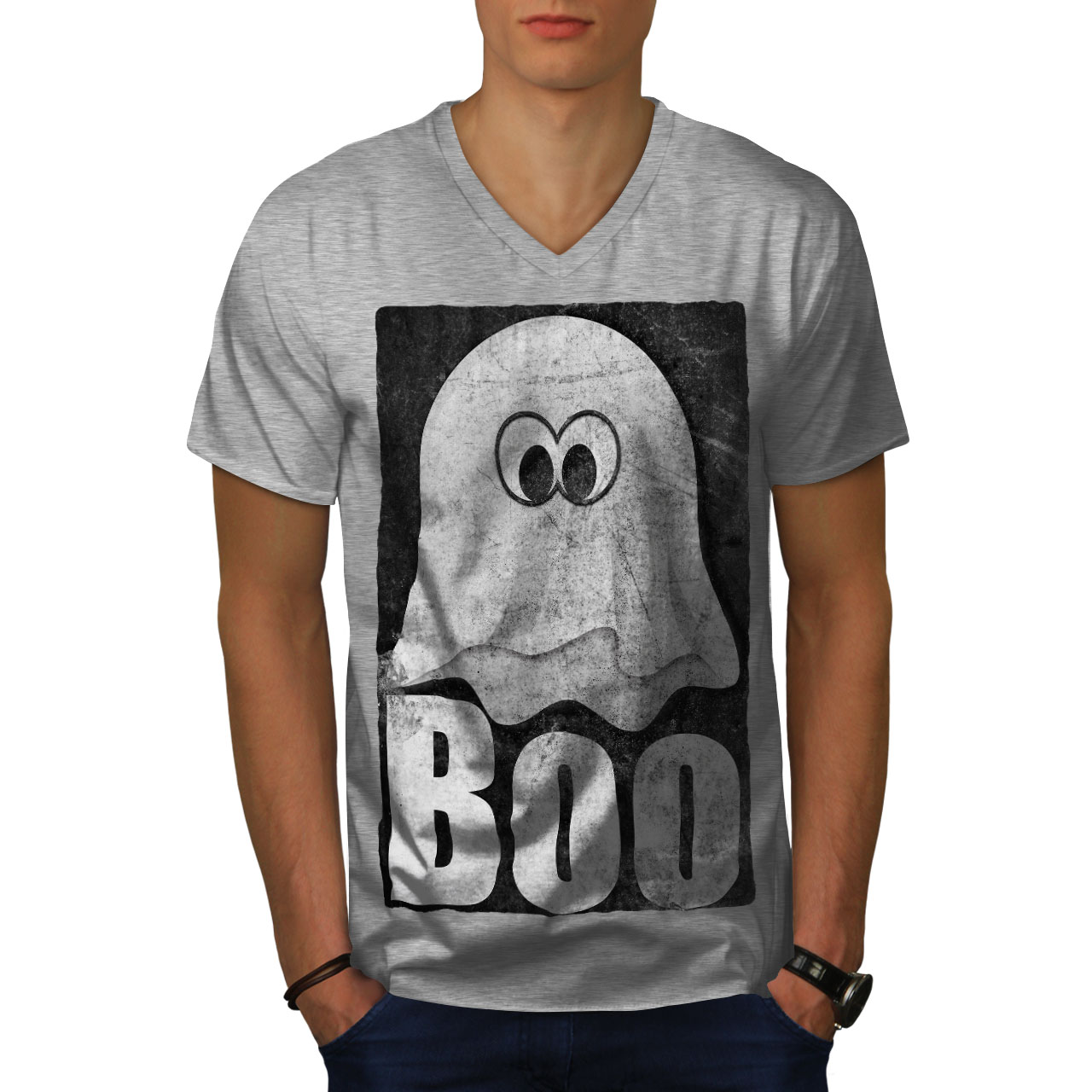 Wellcoda Ghost Cartoon Cute Comedy Mens V-Neck T-shirt