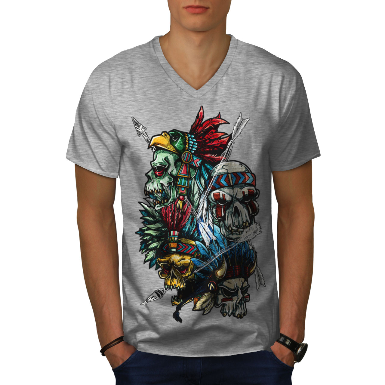 Wellcoda Native American USA Warrior Mens V-Neck T-shirt