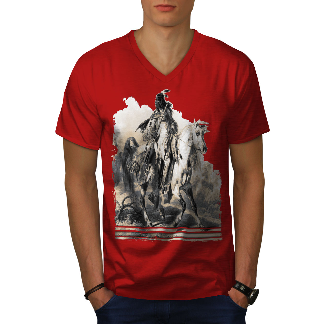 Wellcoda Native American Ride Warrior Mens V-Neck T-shirt