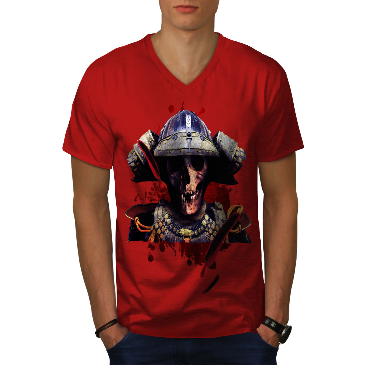 Wellcoda Old Skull Warrior Skull Mens V-Neck T-shirt