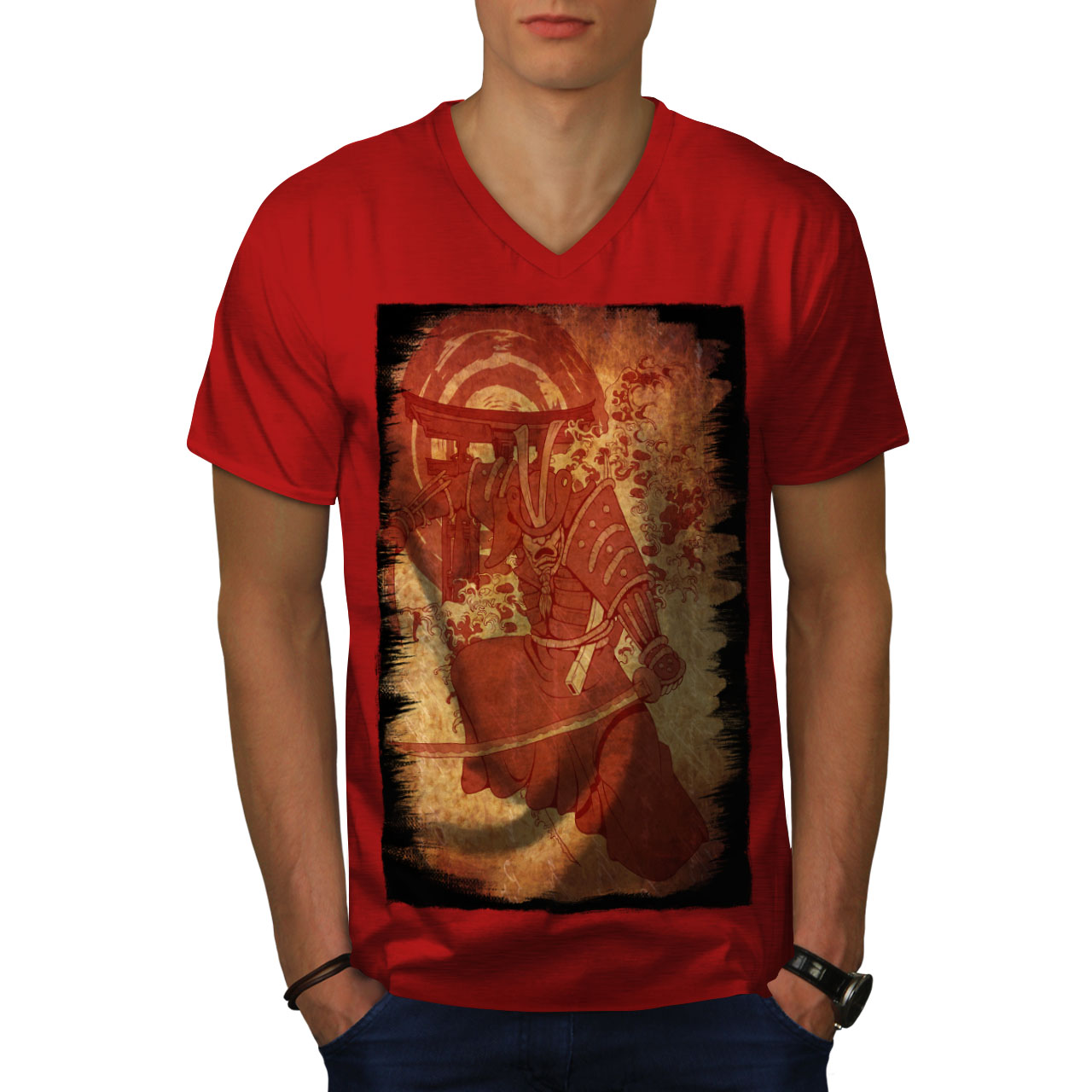 Wellcoda Vintage Warrior Fantasy Red Mens V-Neck T-shirt