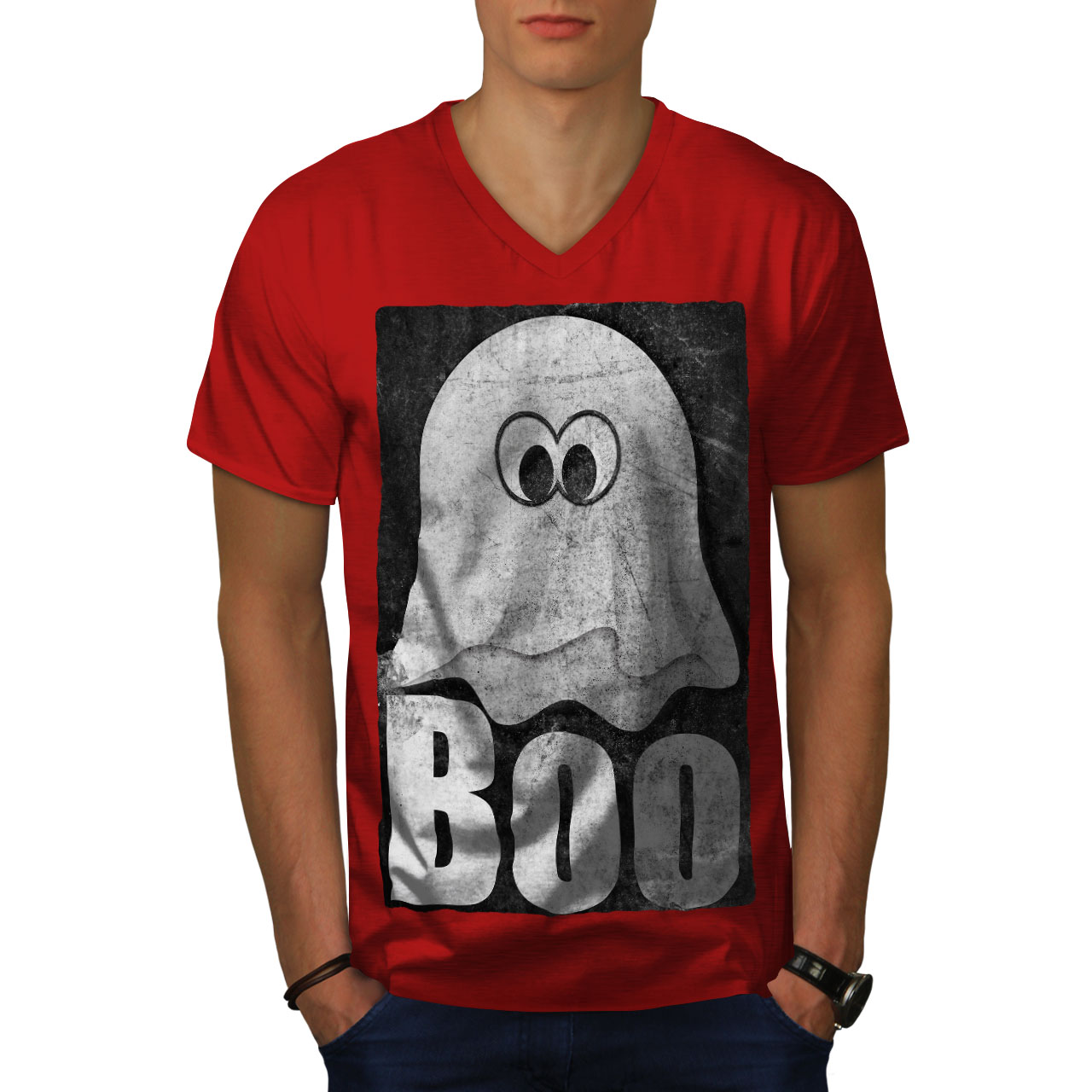 Wellcoda Ghost Cartoon Cute Comedy Mens V-Neck T-shirt