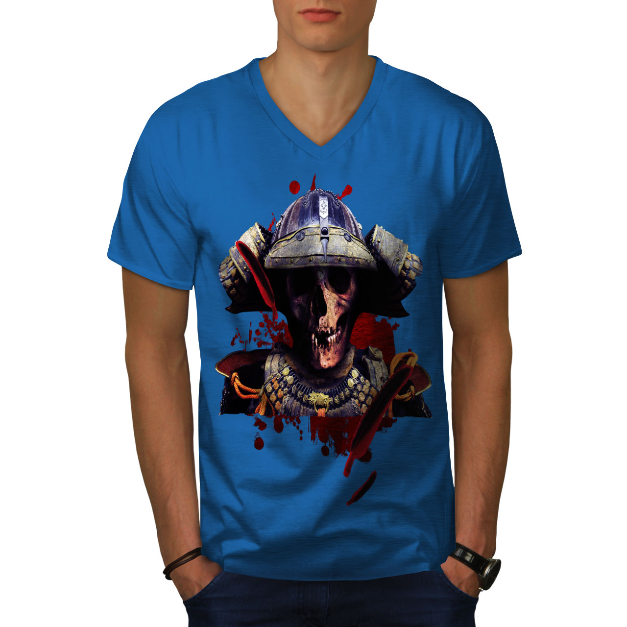 Wellcoda Old Skull Warrior Skull Mens V-Neck T-shirt