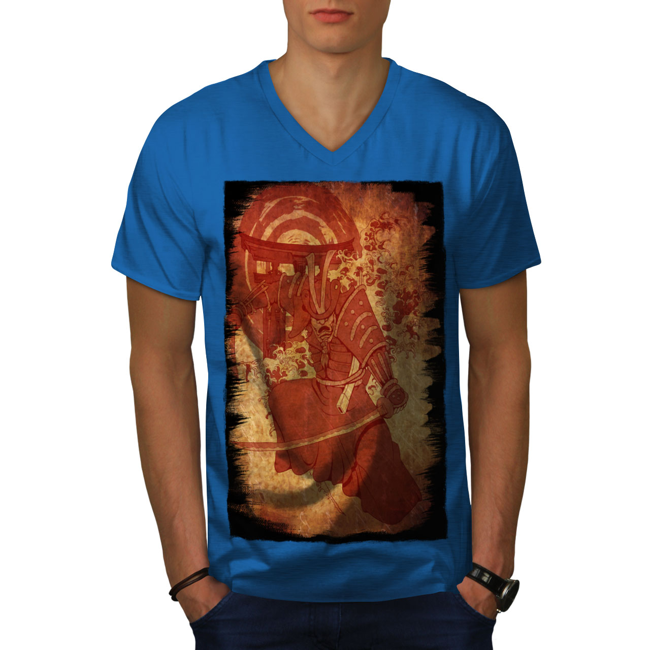 Wellcoda Vintage Warrior Fantasy Red Mens V-Neck T-shirt