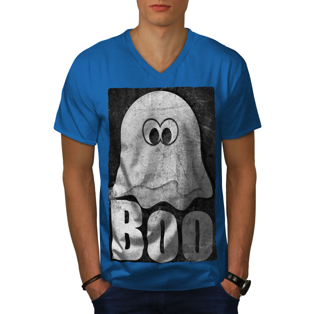 Wellcoda Ghost Cartoon Cute Comedy Mens V-Neck T-shirt