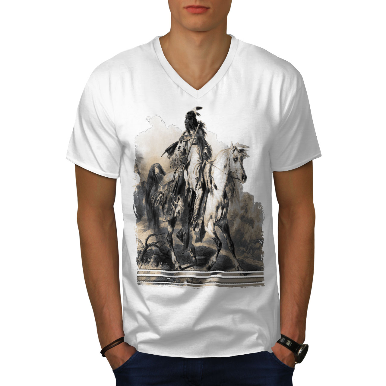 Wellcoda Native American Ride Warrior Mens V-Neck T-shirt