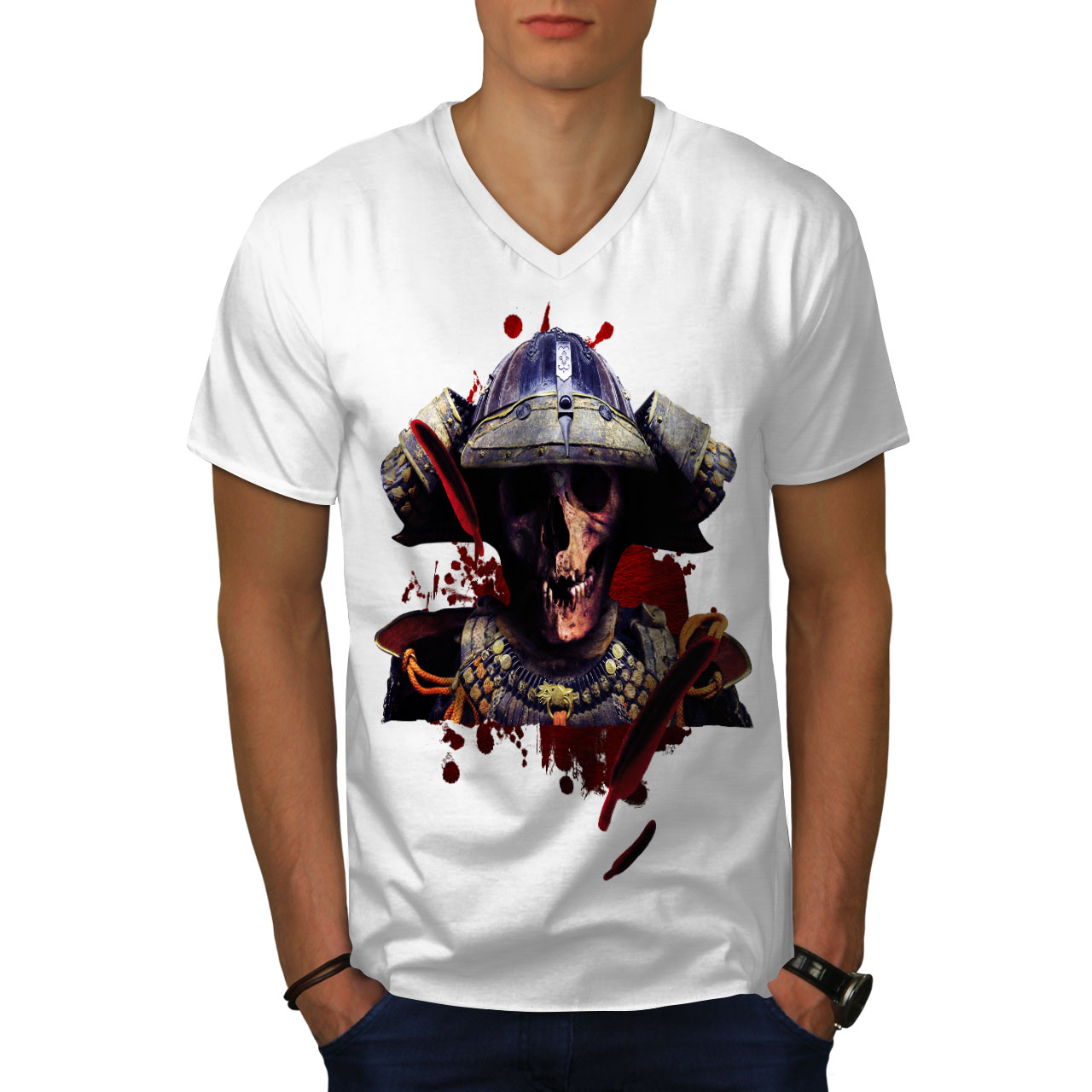 Wellcoda Old Skull Warrior Skull Mens V-Neck T-shirt