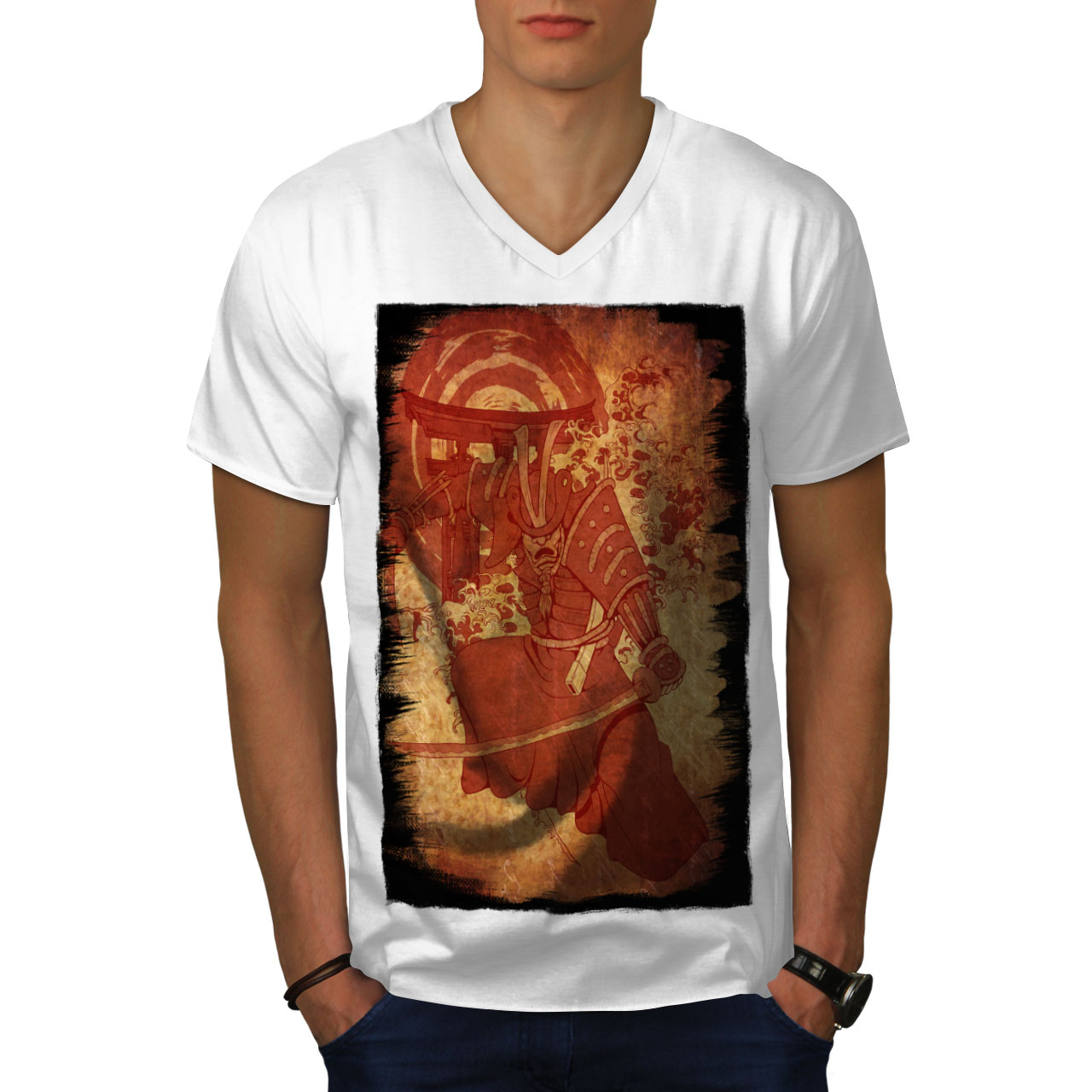 Wellcoda Vintage Warrior Fantasy Red Mens V-Neck T-shirt