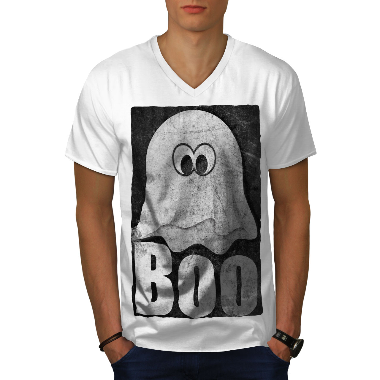 Wellcoda Ghost Cartoon Cute Comedy Mens V-Neck T-shirt