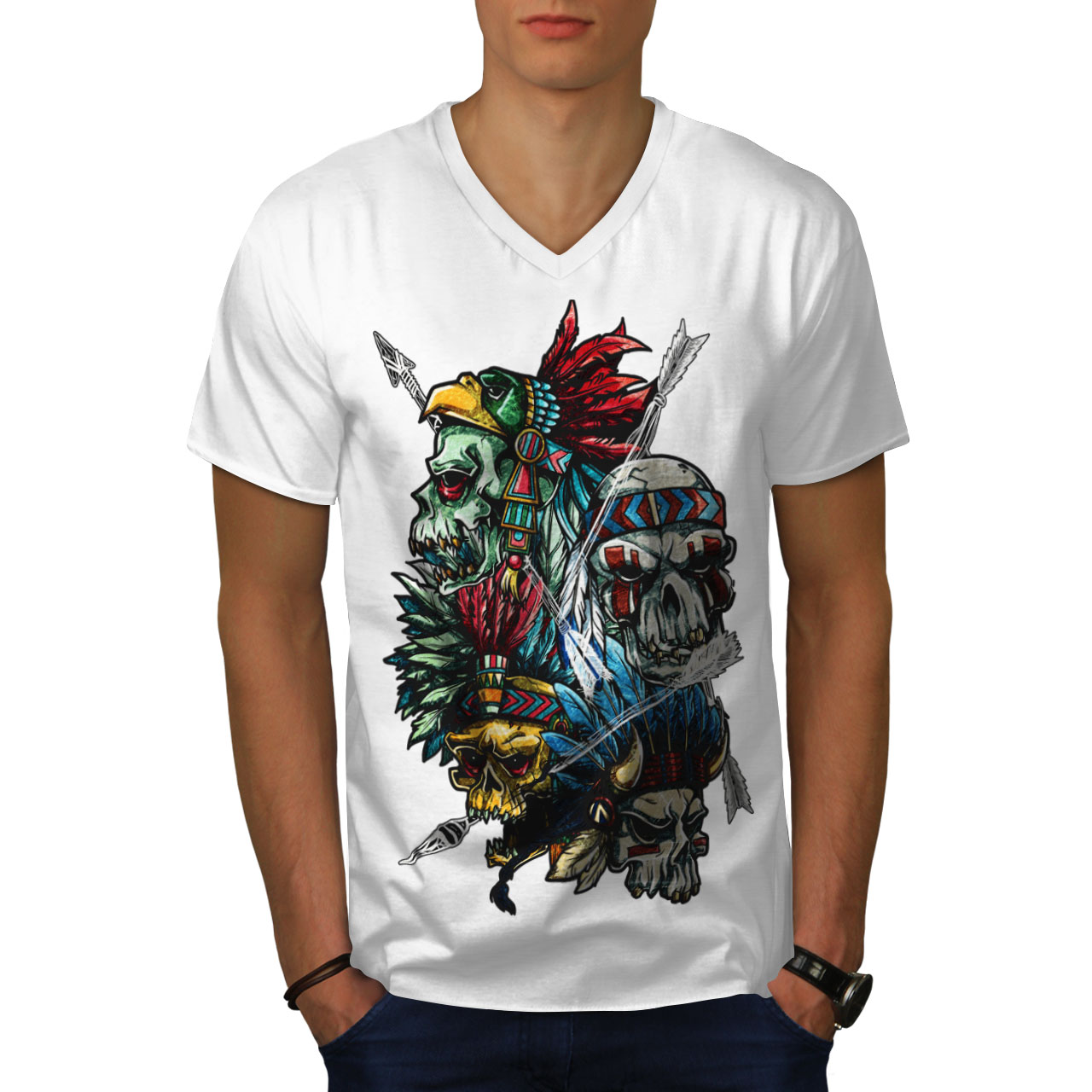 Wellcoda Native American USA Warrior Mens V-Neck T-shirt