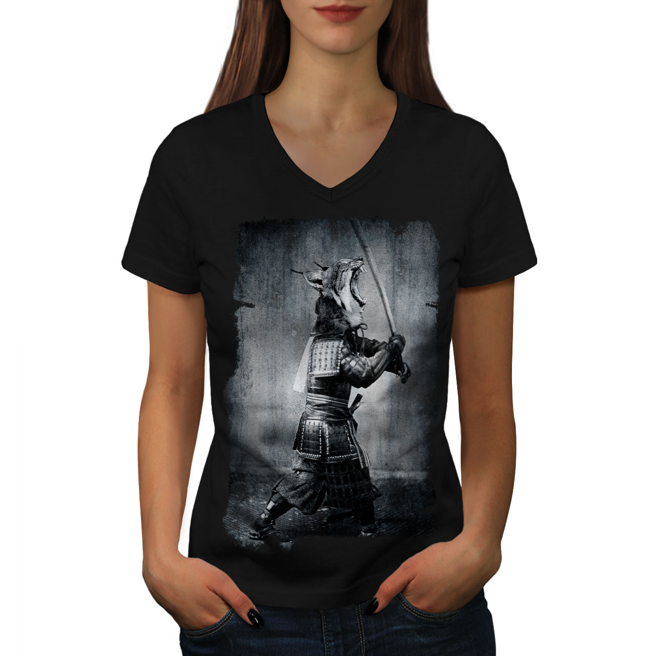 Wellcoda Katana Asia Beast Warrior Womens V-Neck T-shirt