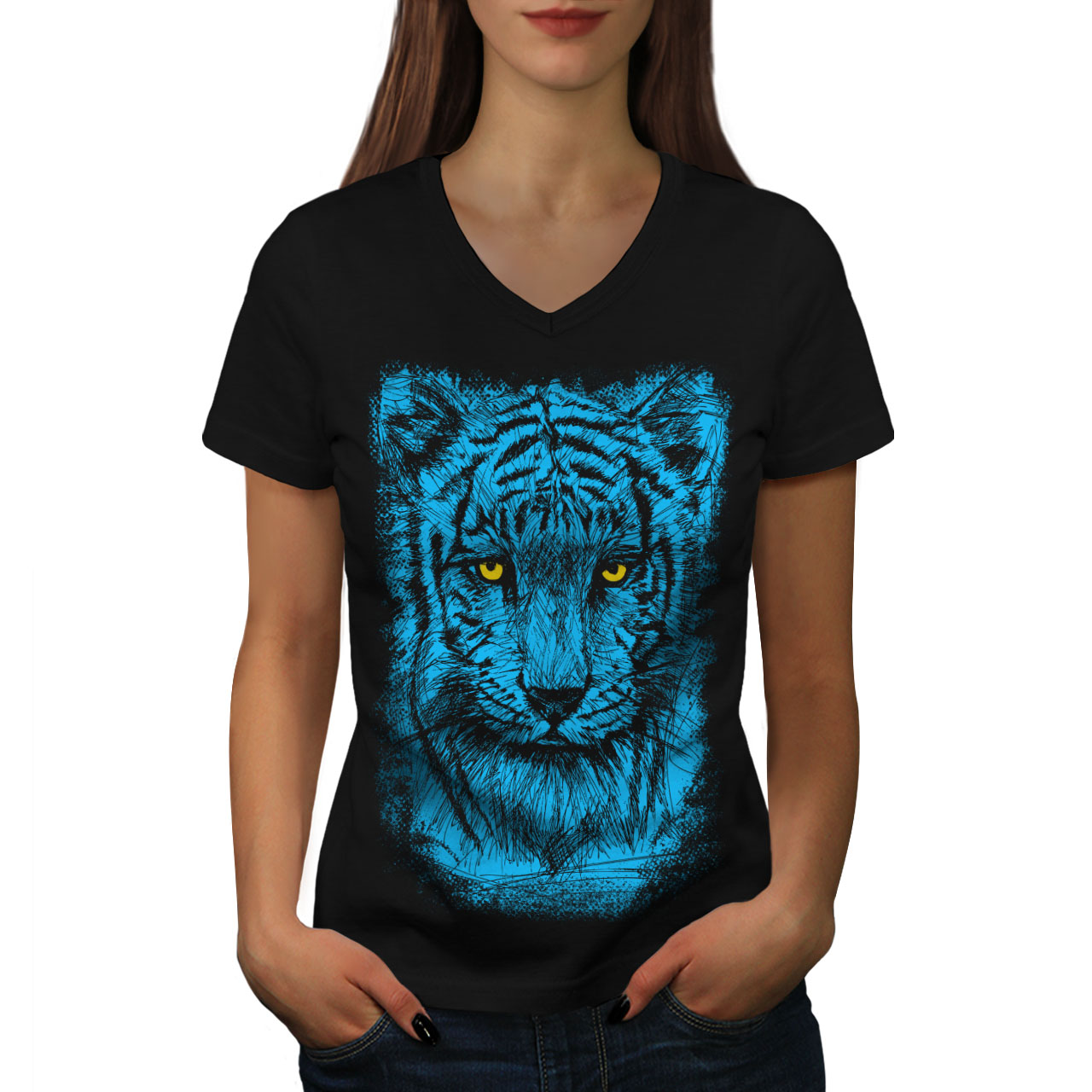 Wellcoda Beast Wild Animal Tiger Beast Womens V-Neck T-shirt