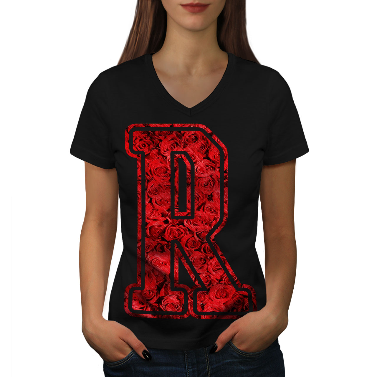 Wellcoda Letter R Rose Fashion Red Womens V-Neck T-shirt