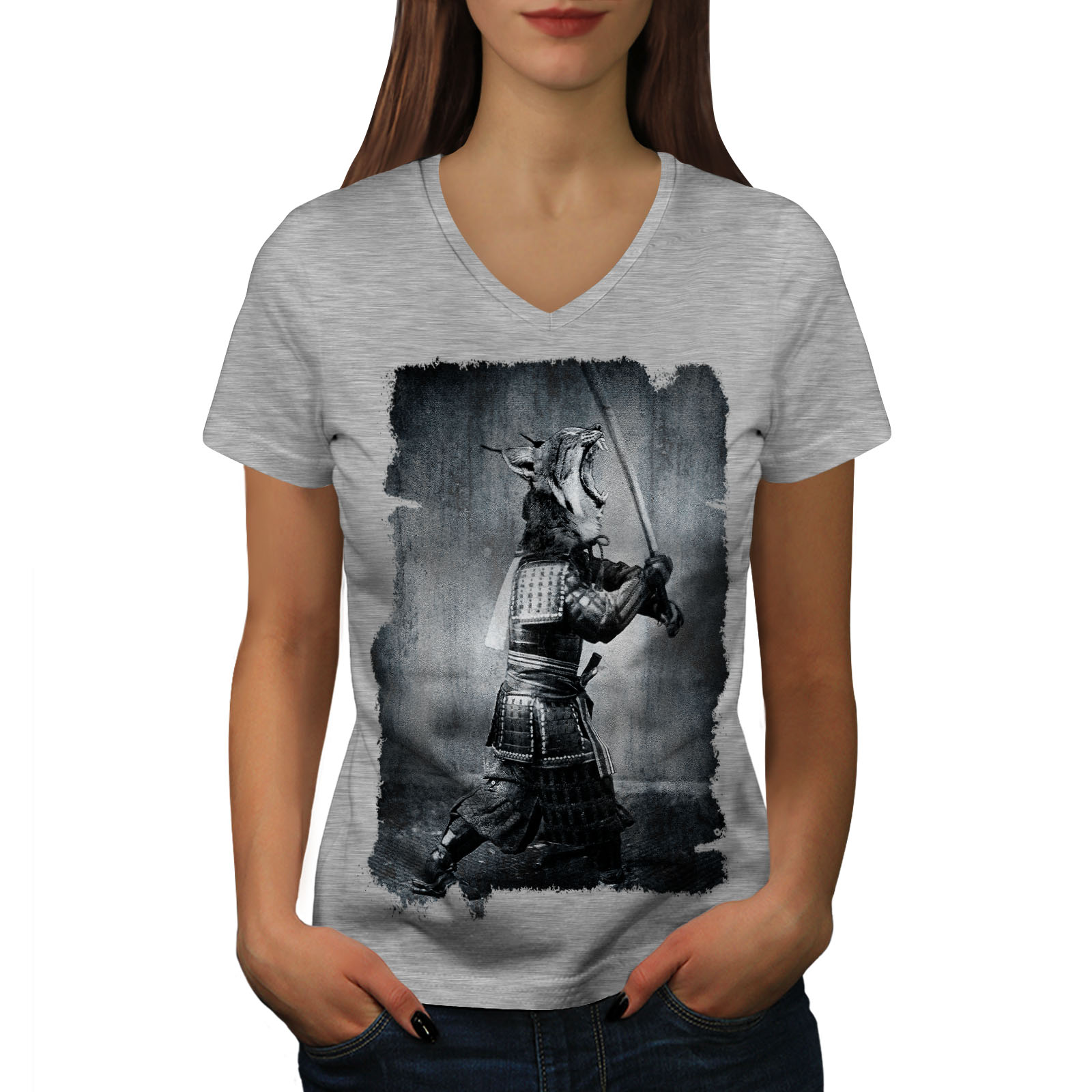 Wellcoda Katana Asia Beast Warrior Womens V-Neck T-shirt