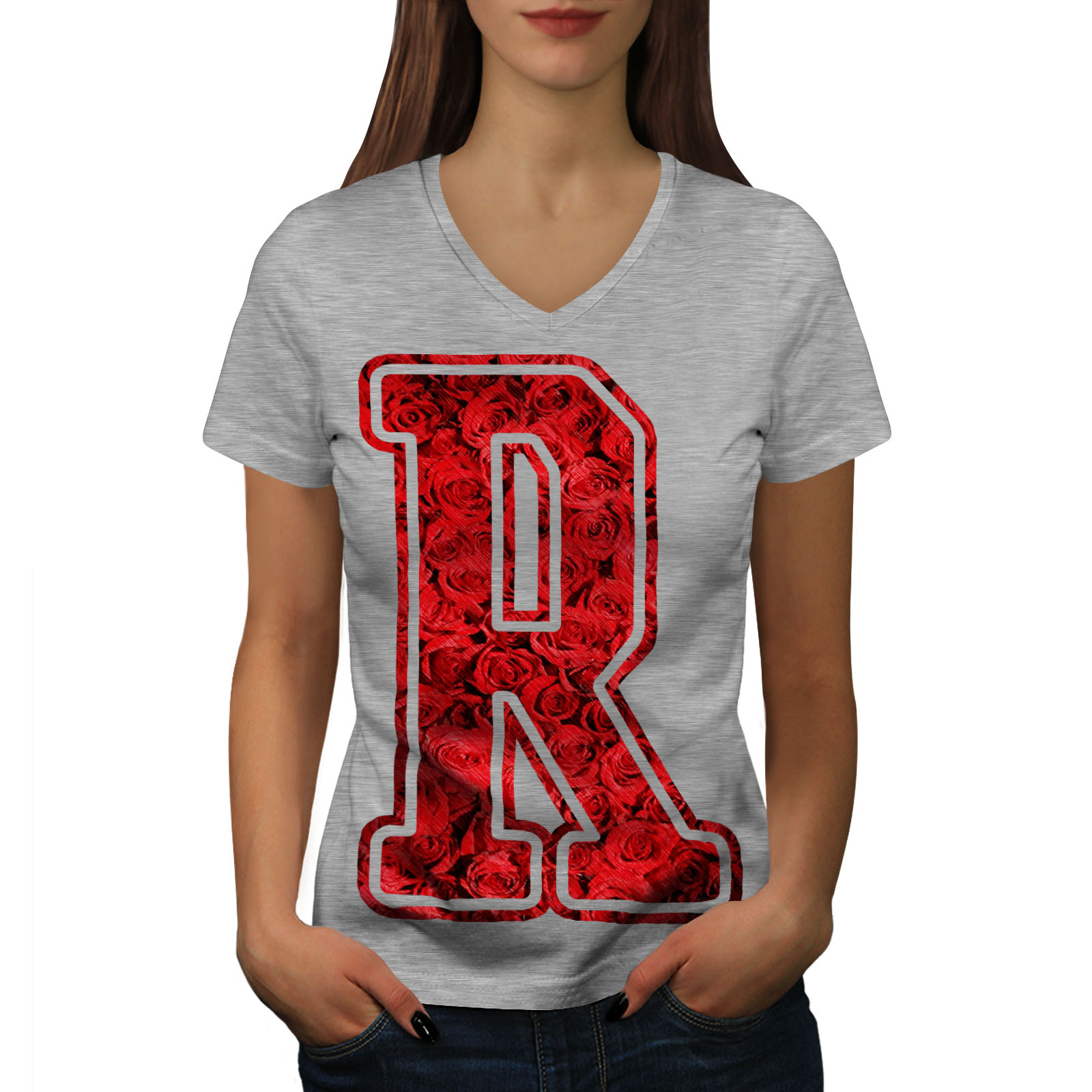 Wellcoda Letter R Rose Fashion Red Womens V-Neck T-shirt