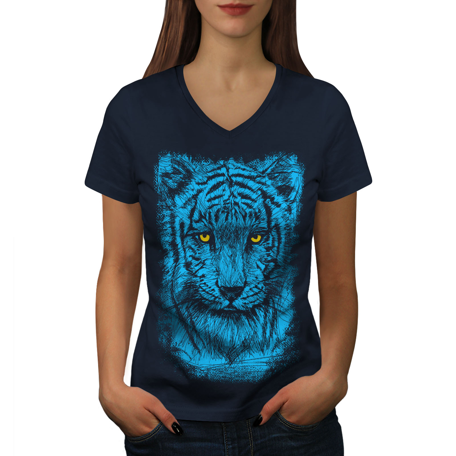 Wellcoda Beast Wild Animal Tiger Beast Womens V-Neck T-shirt