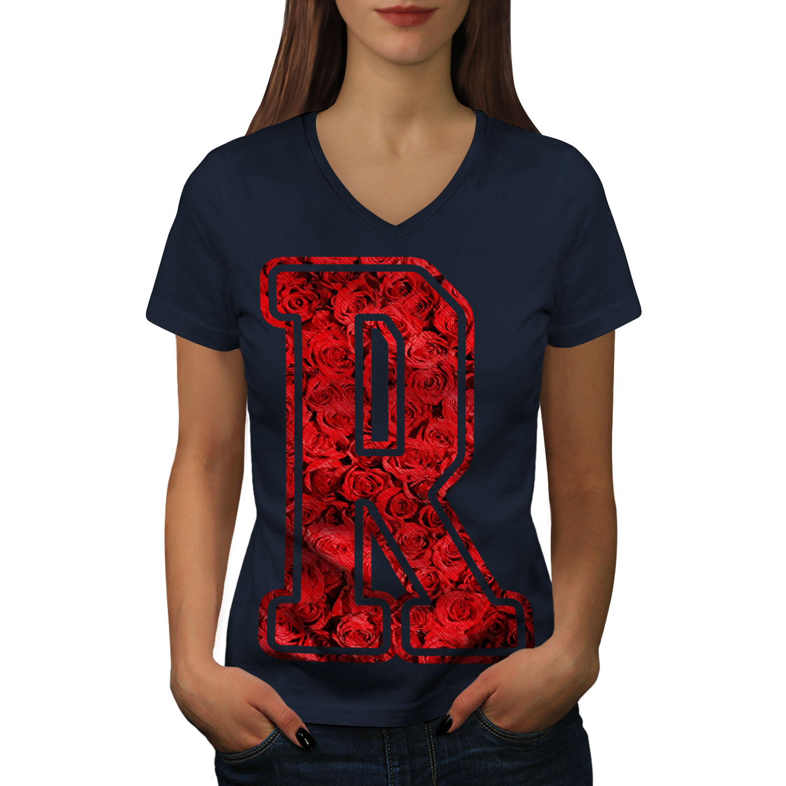 Wellcoda Letter R Rose Fashion Red Womens V-Neck T-shirt