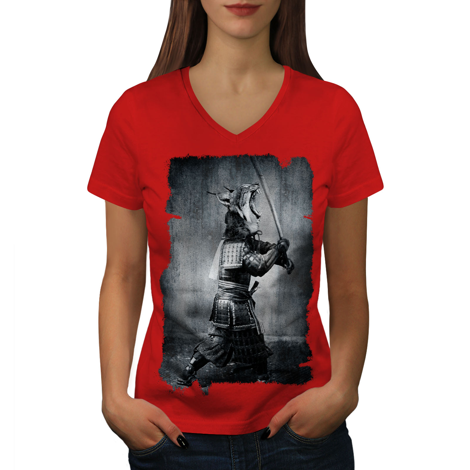 Wellcoda Katana Asia Beast Warrior Womens V-Neck T-shirt