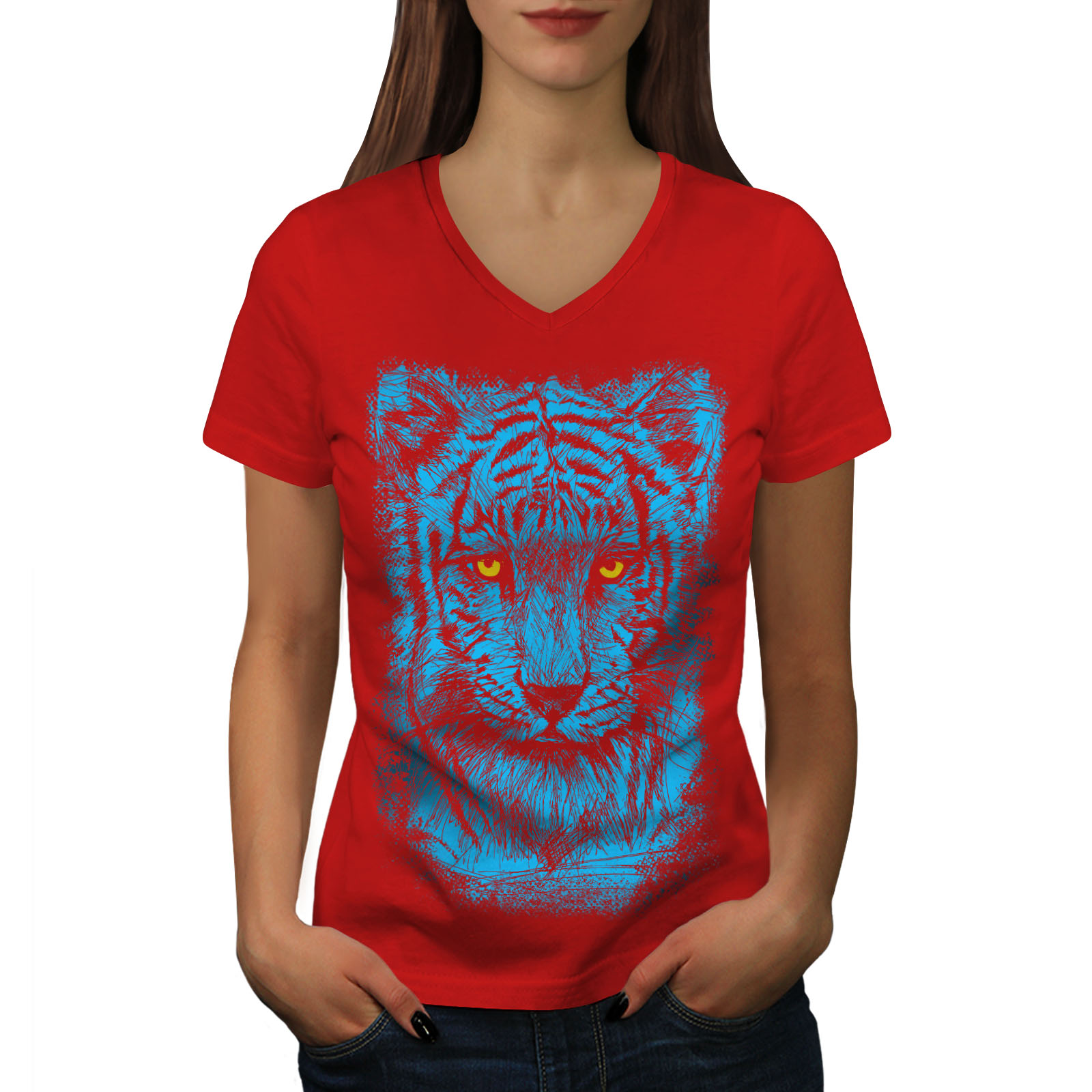 Wellcoda Beast Wild Animal Tiger Beast Womens V-Neck T-shirt