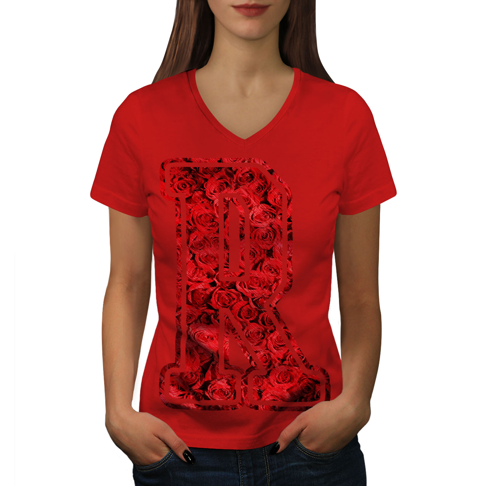 Wellcoda Letter R Rose Fashion Red Womens V-Neck T-shirt