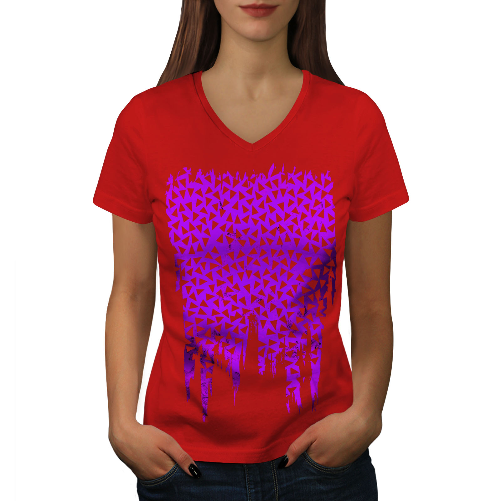 Wellcoda Triangle Pattern Fashion Blue Womens V-Neck T-shirt