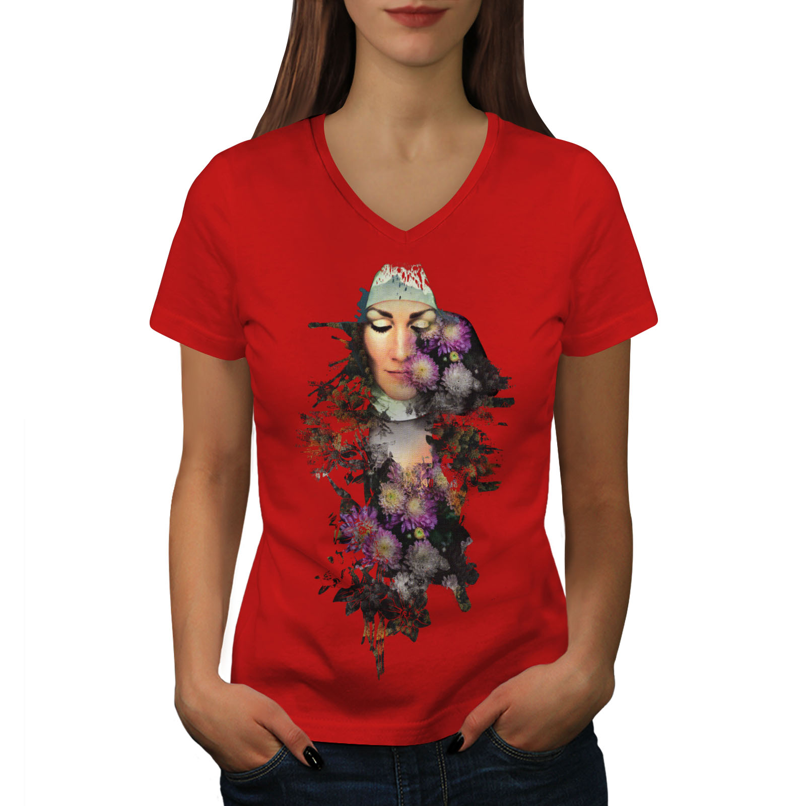 Wellcoda Colorful Flower Fashion Love Womens V-Neck T-shirt